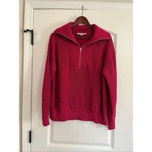 Loft Hot Pink Quarter zip Shaker Sweater -L